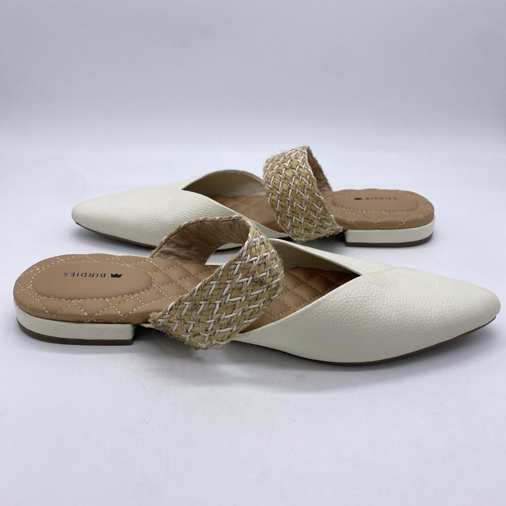 Birdies The Swan Pearl Cuff Size 10.5 White Leather Pointed Toe Mules Flats - Picture 9 of 13